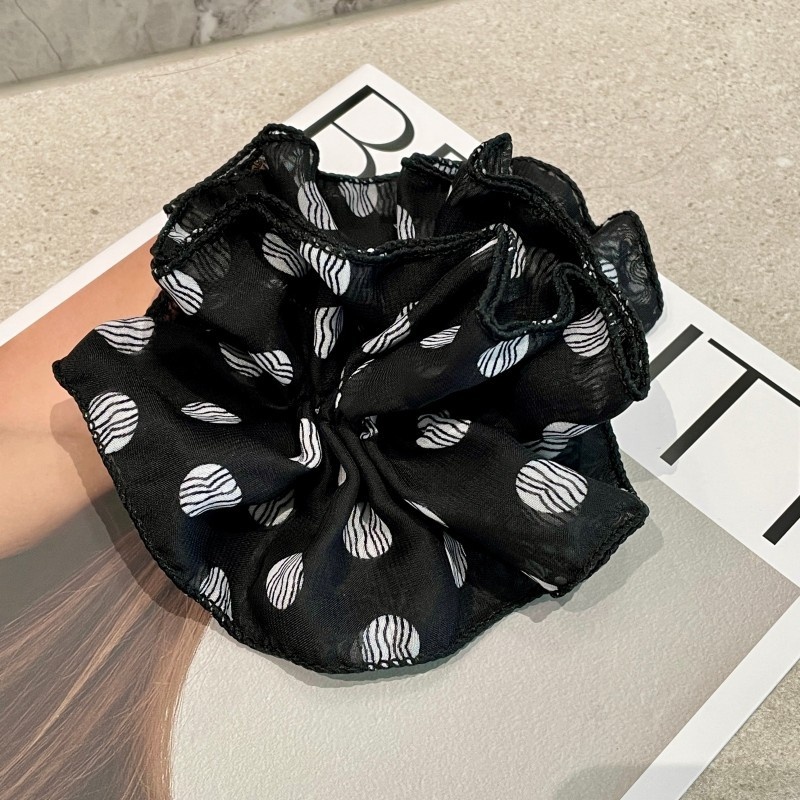 Women's Retro Chiffon Bubble Hair Tie Spring Summer Black Polka Dots