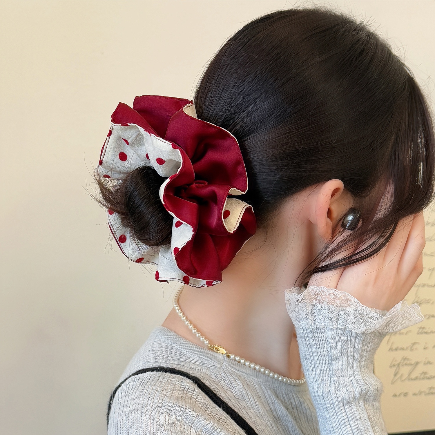 Women's Four-Layer Cloth Hair Tie For Bun Styling Red Polka Dot