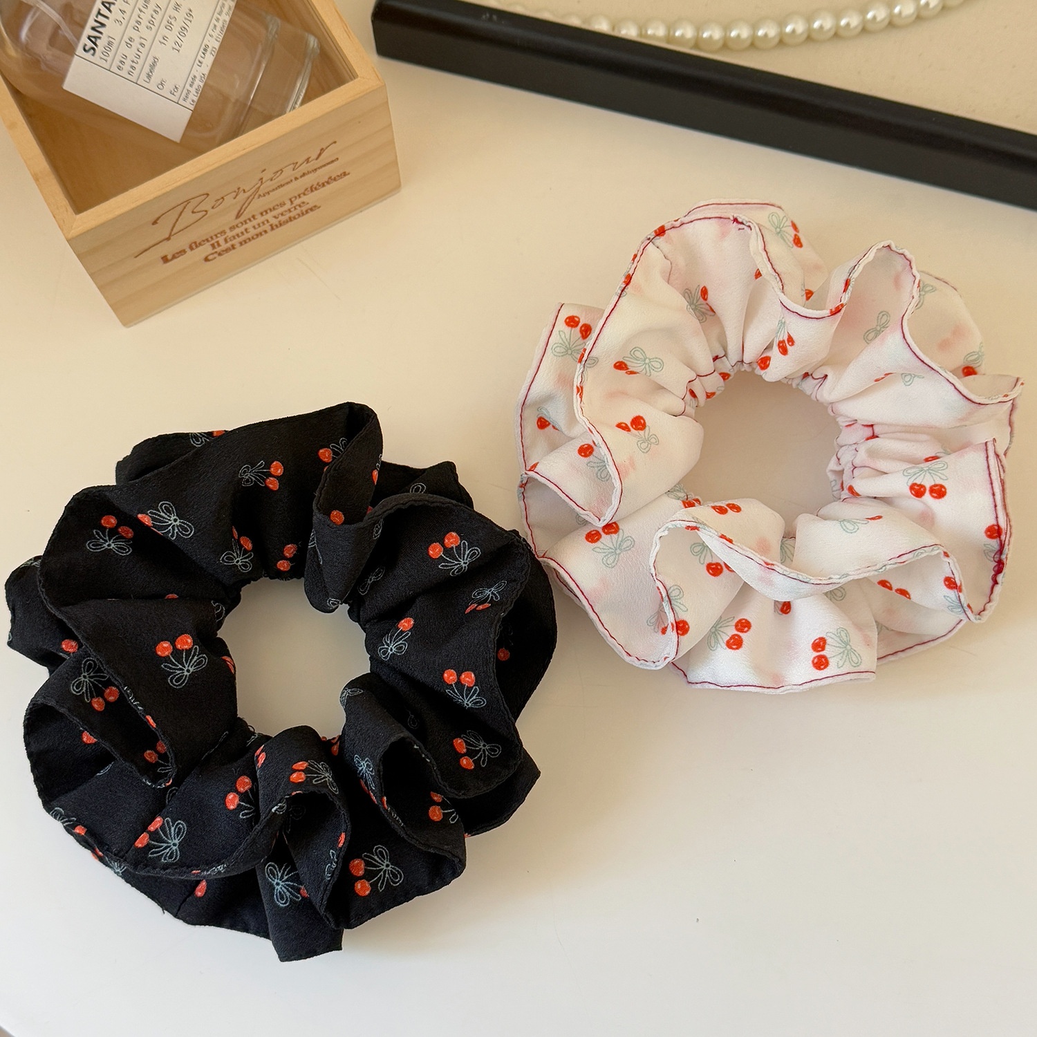 Women's Cherry Print Double Layer Elastic Hairband No Damage Cloth Tie