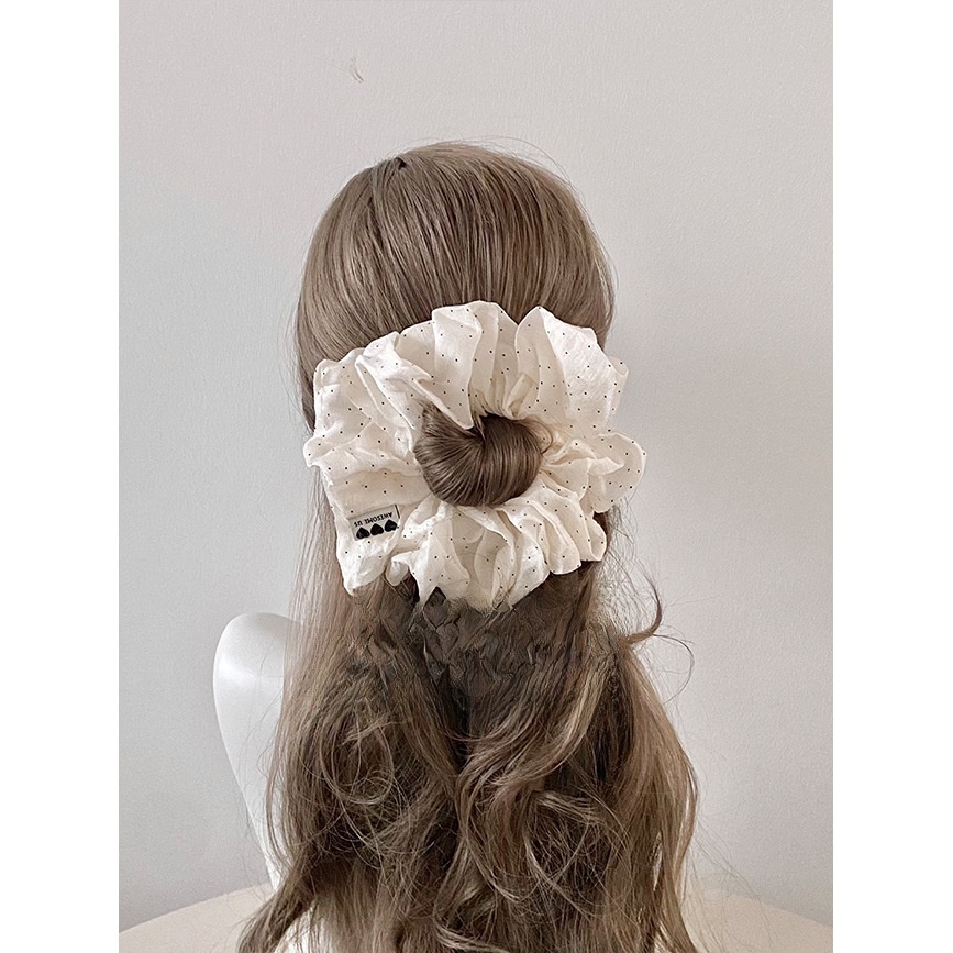 Women's Spring Cloth Hair Tie Scrunchie White Polka Dots Heart Pattern