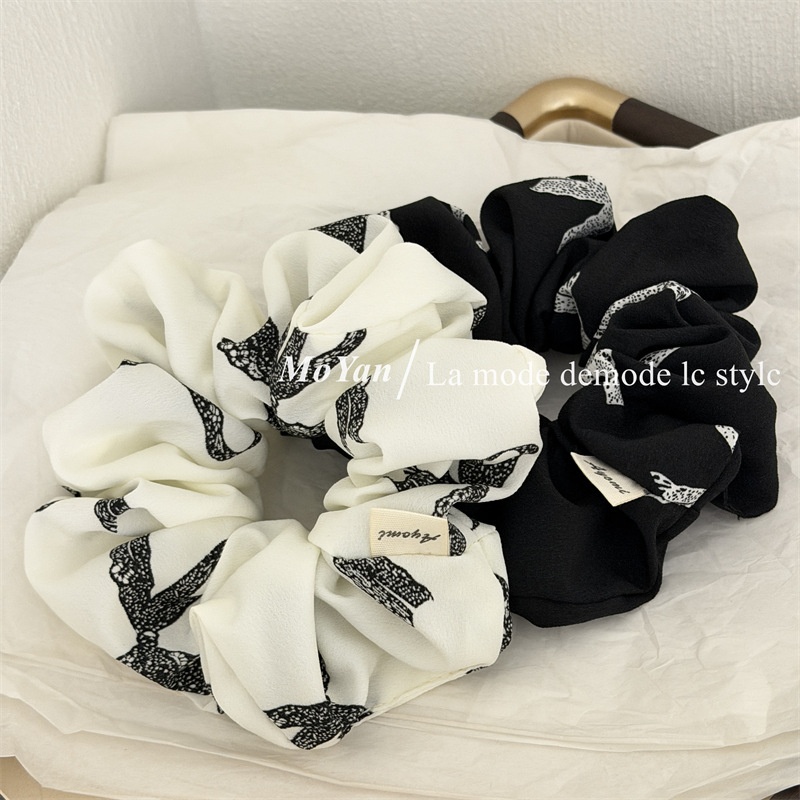Women's Casual Fabric Hair Tie Large Bowknot Black White Ink Wash Print