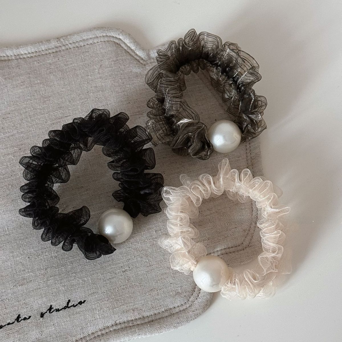 Women's Elegant Pearl Gauze Summer Hair Scrunchie Black Grey Beige