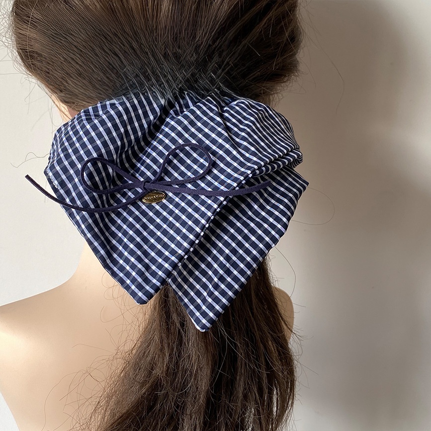 Women Cloth Hair Tie Preppy Style Autumn Accessory Navy Blue Plaid