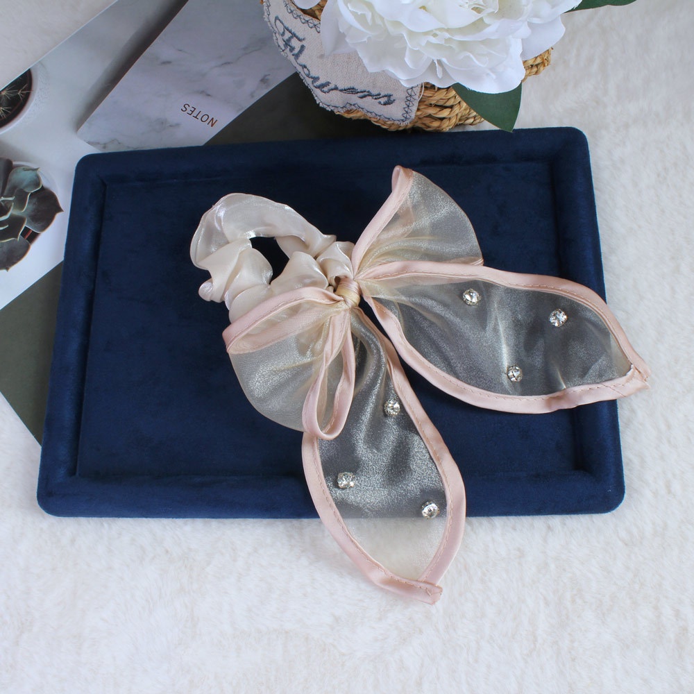 Women's Summer Fairy Gauze Rhinestone Ponytail Hair Tie Wine Red Bowknot