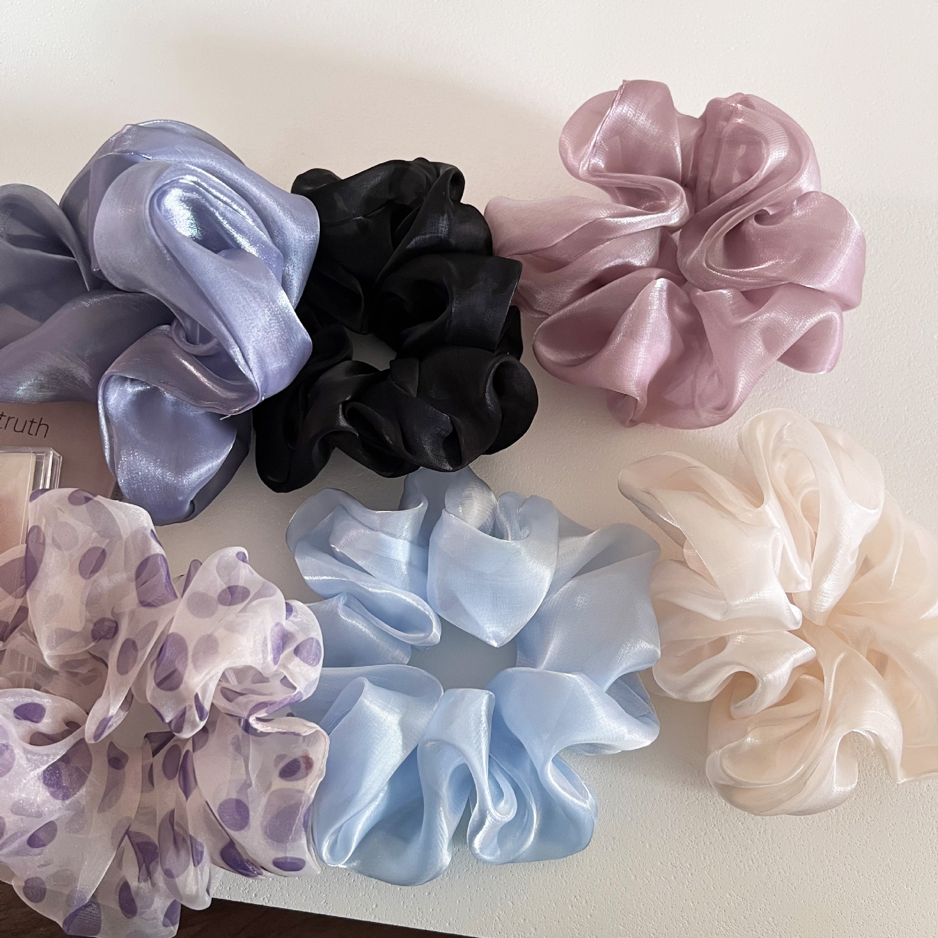 Women's Fairy Fluffy Gauze Pearl Bow Bun Hair Tie Solid Polka Dots