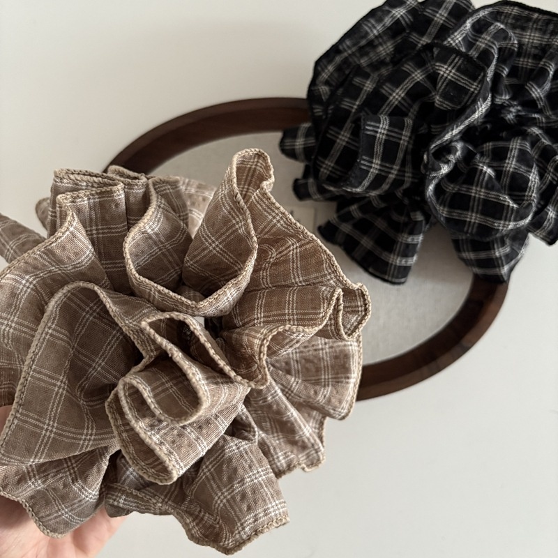 Women's Large 4-Layer Fabric Hair Tie For Daily Wear Plaid Khaki Beige Black