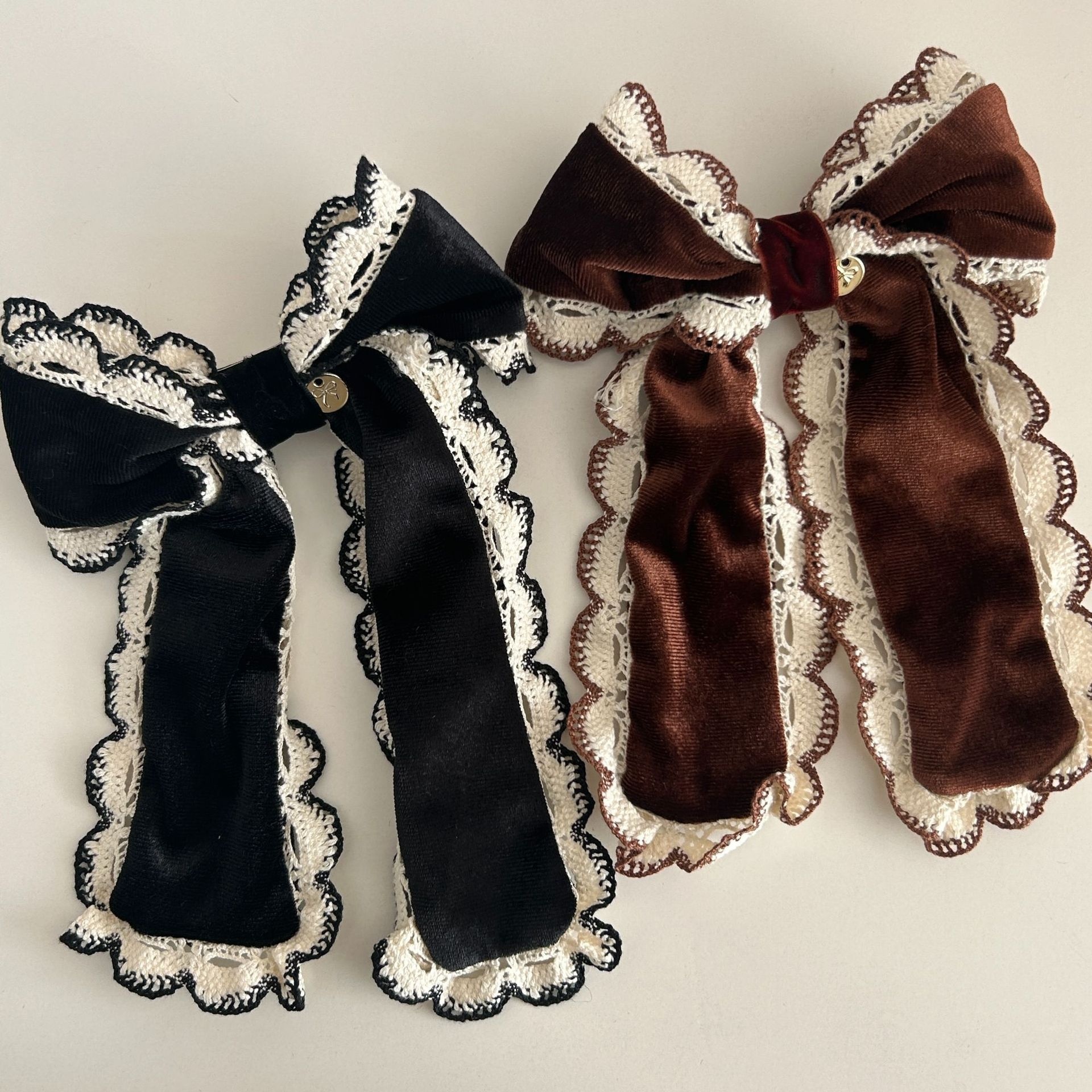 Women's French Vintage Velvet Lace Bowknot Elastic Hairband Coffee Black