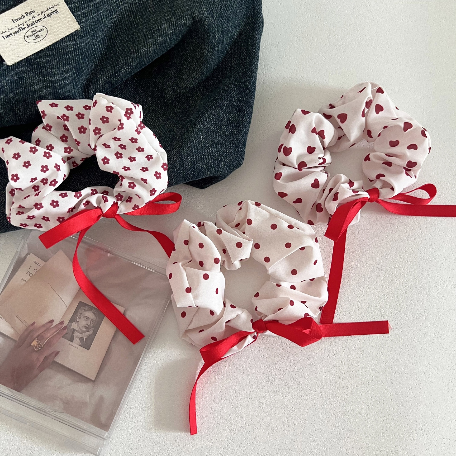 Women's Cloth Bowknot Hair Tie White Red Ditsy Floral Heart Print
