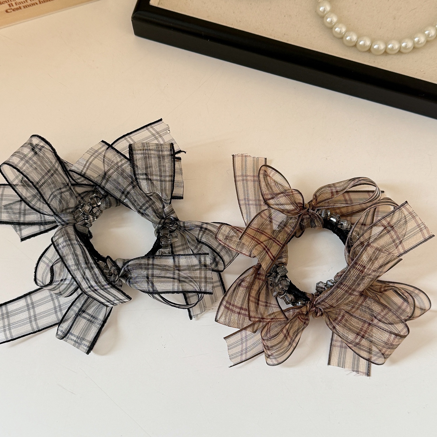 Women's Soft Gauze Bowknot Hair Tie For Spring Styling Black Plaid