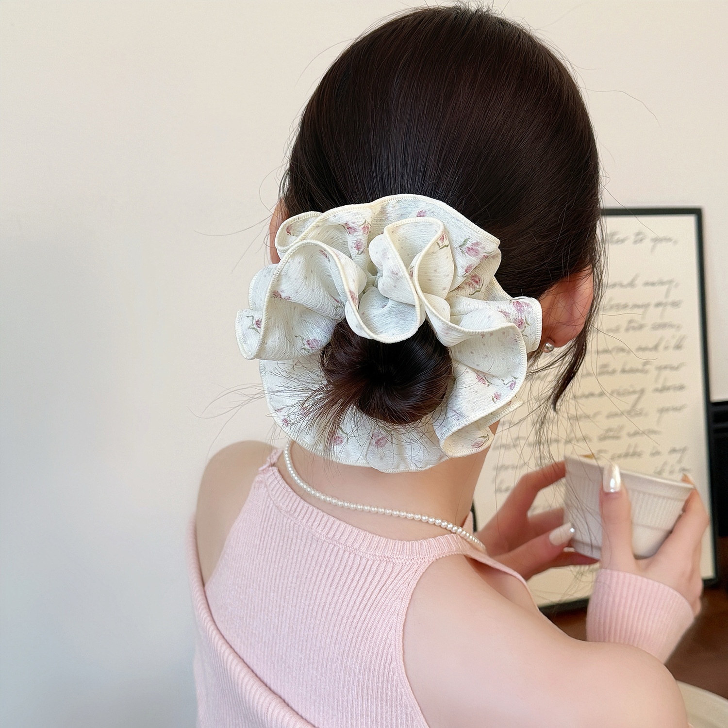 Women's Spring Lace Gauze Hair Tie Scrunchie Black Printed Pattern