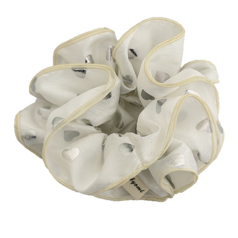 Women's Daily Soft Cloth Hair Tie Scrunchie Silver Heart Polka Dots