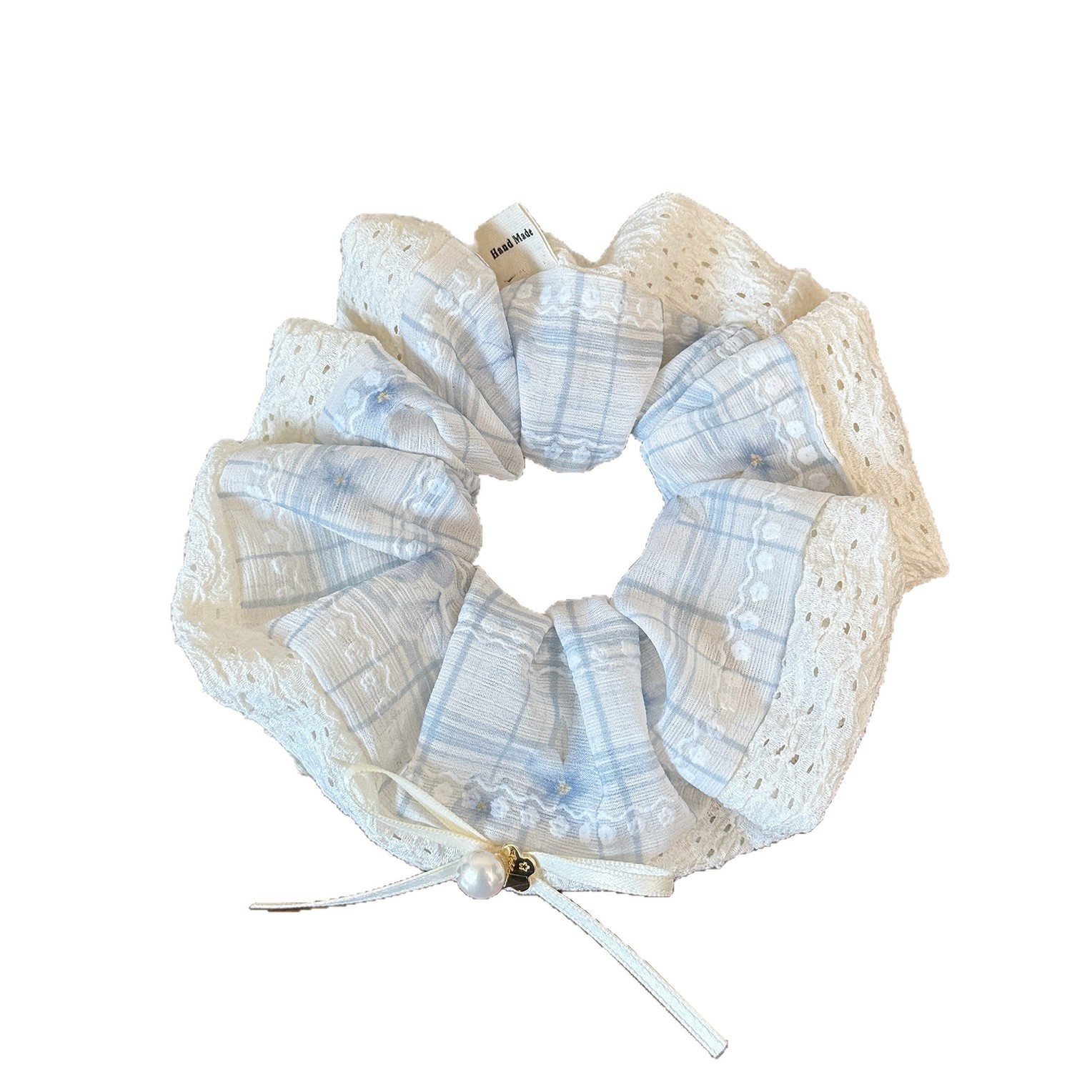 Women's Sweet Spring Summer Lace Bow Cloth Hair Tie Pink Blue Plaid