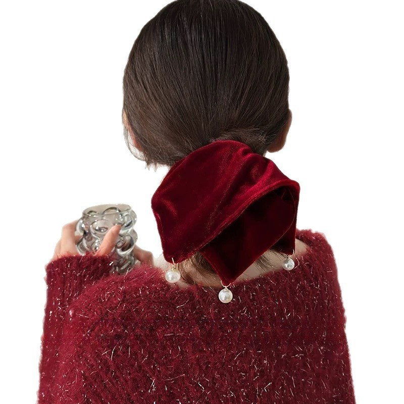 Women Pearl Velvet Scarf Hair Tie Braid Accessory Solid Color