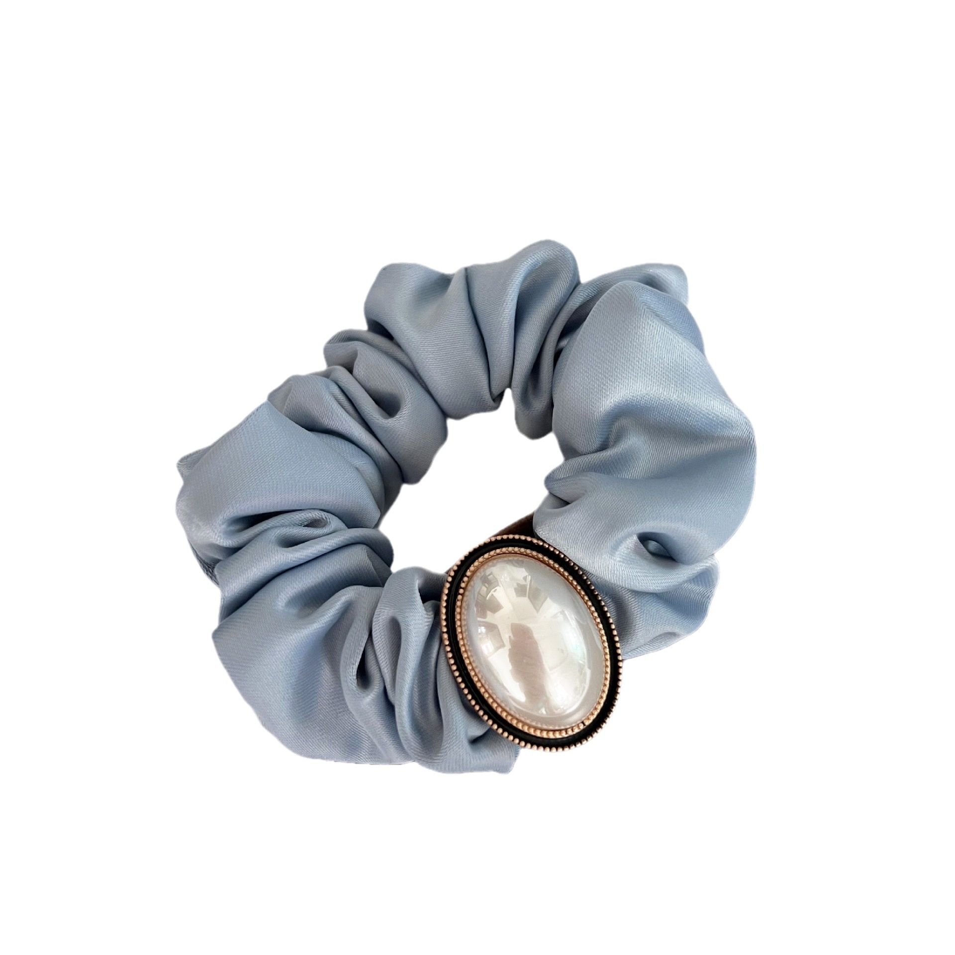 Women's French Vintage Pearl Rhinestone Satin Hair Tie Blue Oval