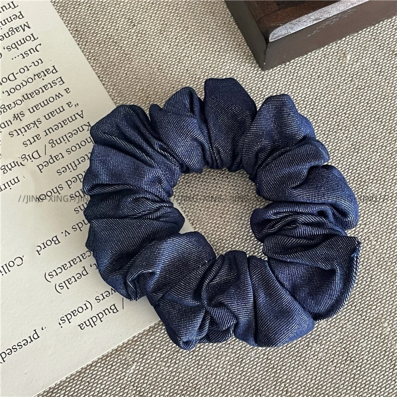 Women's Casual Fabric Tail Hair Ties Denim Blue Polka Dot Plaid
