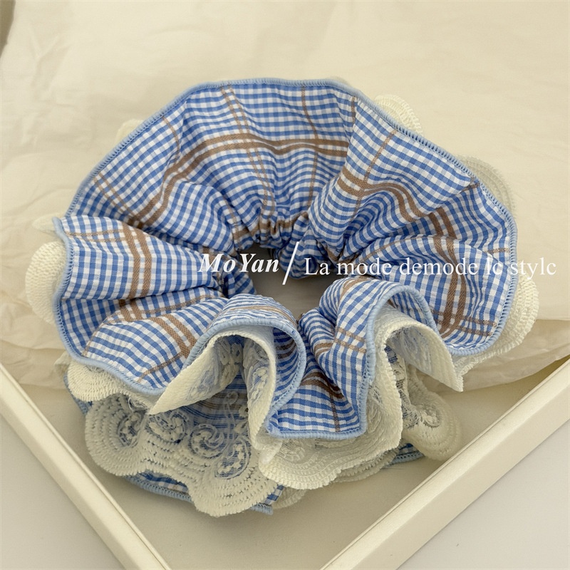 Women's Plaid Lace Patchwork Hair Tie Chic Red Blue Checkered Cloth Scrunchie