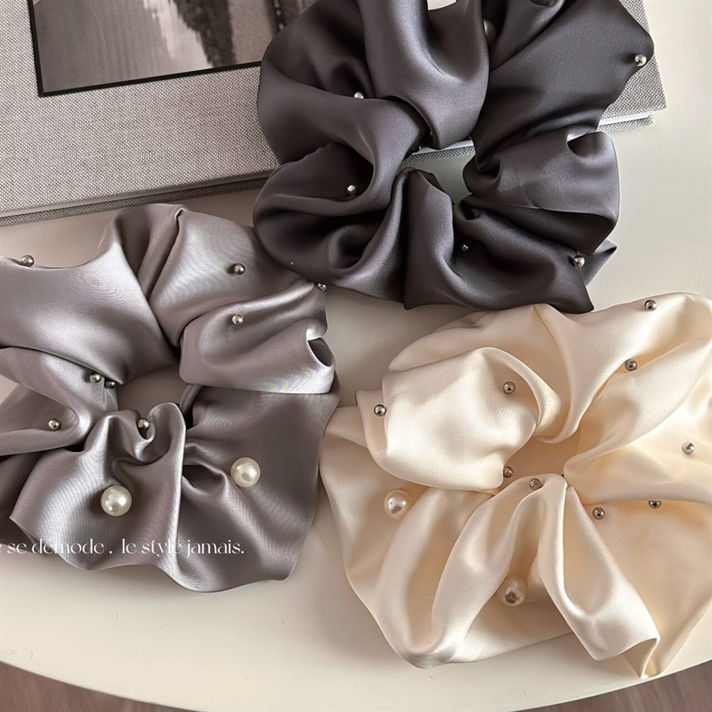 Women's Elegant Bun Hair Scrunchies Irregular Pearl Rivet Satin
