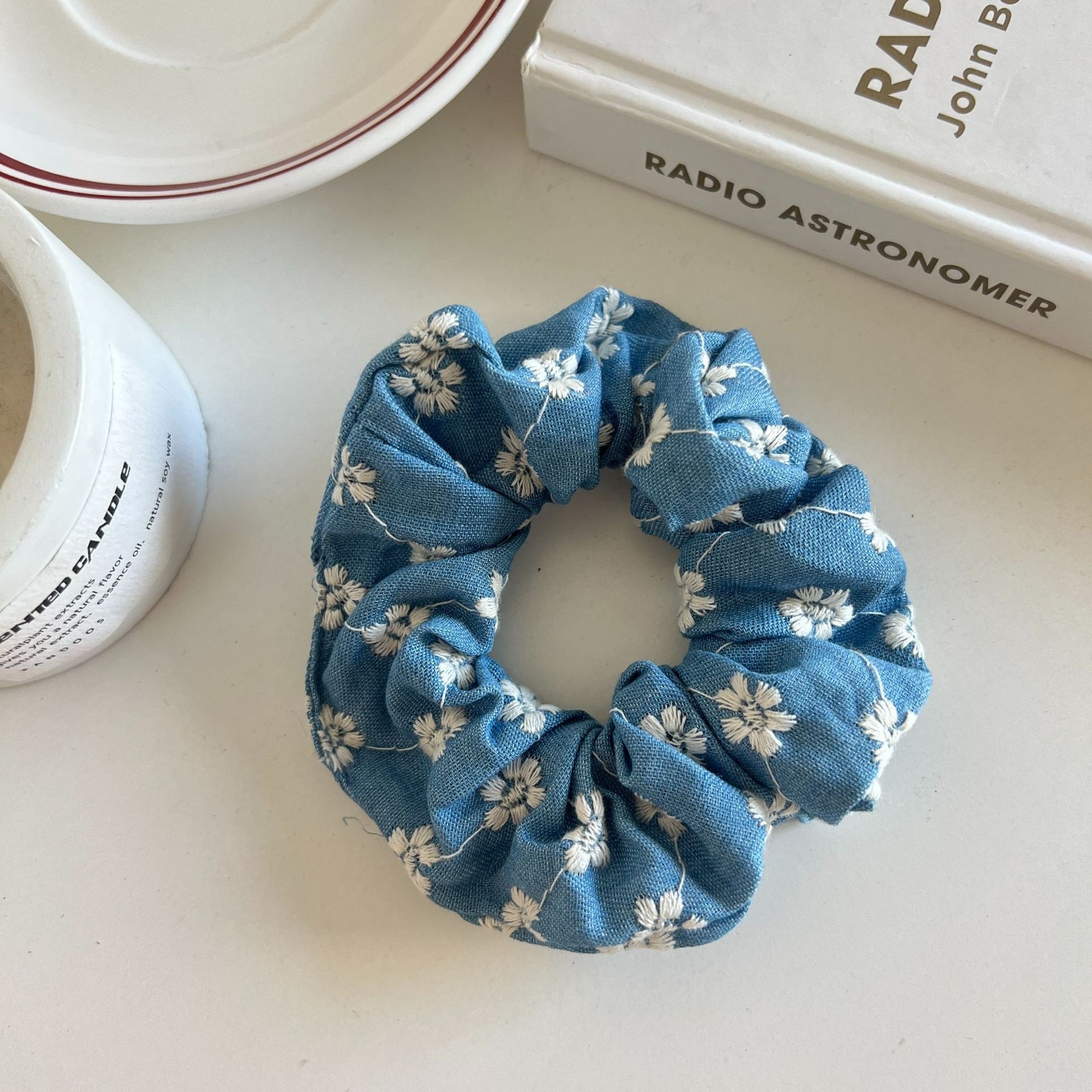 Women's Large Denim Blue Rose Flower Hair Tie Elegant Elastic Cloth Hair Band