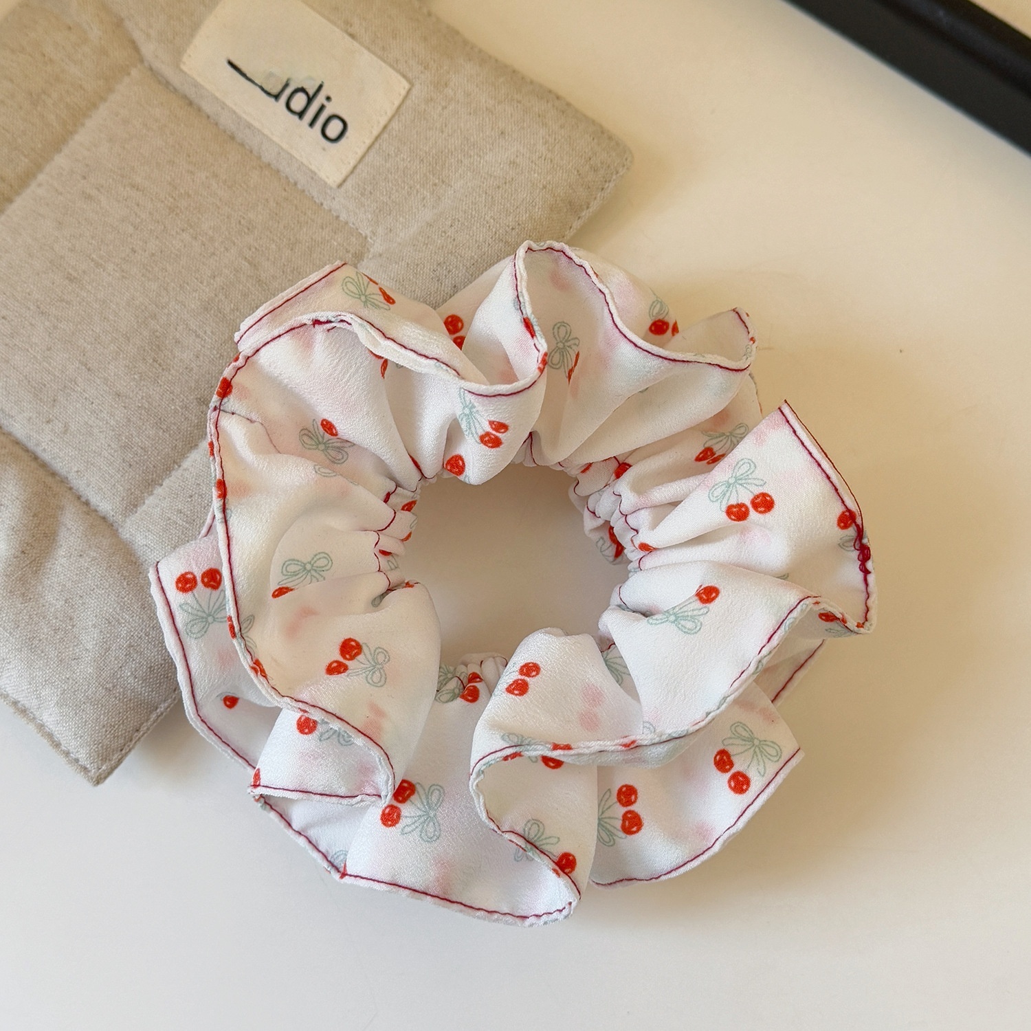 Women's Cherry Print Double Layer Elastic Hairband No Damage Cloth Tie