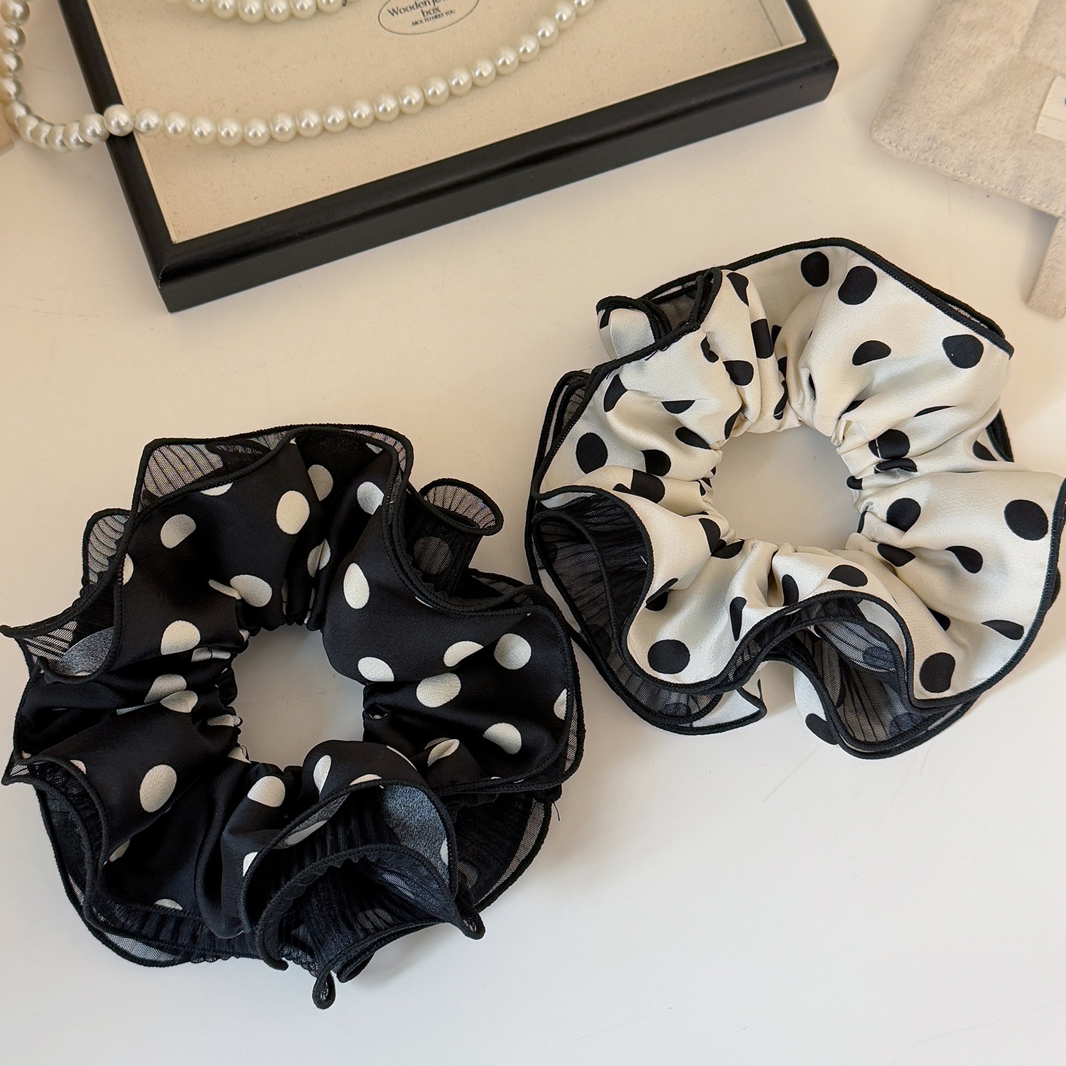 Women's All-Season Soft Gauze Scrunchie Hair Tie Black Polka Dots