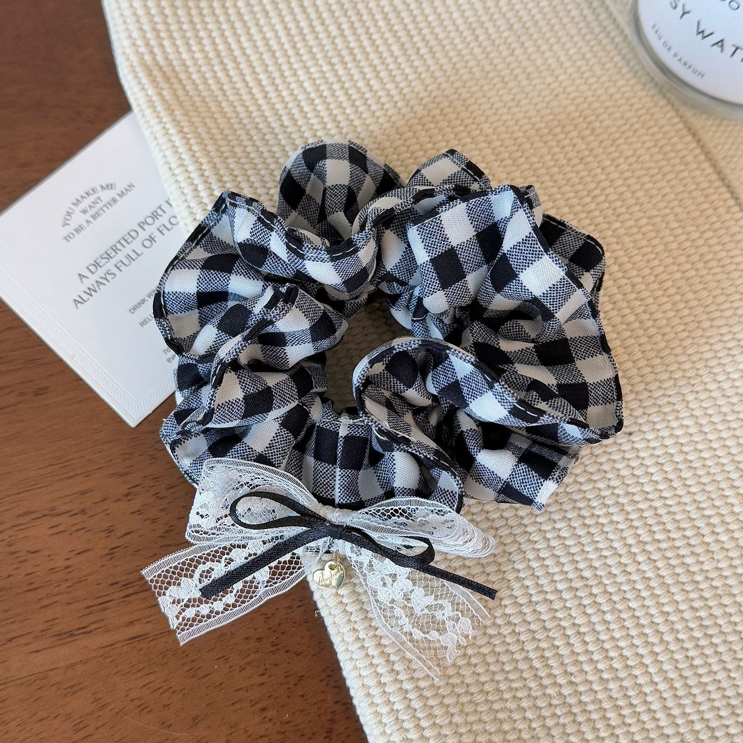 Women's Daily Cloth Bow Scrunchies Blue Black Tartan Plaid Lace
