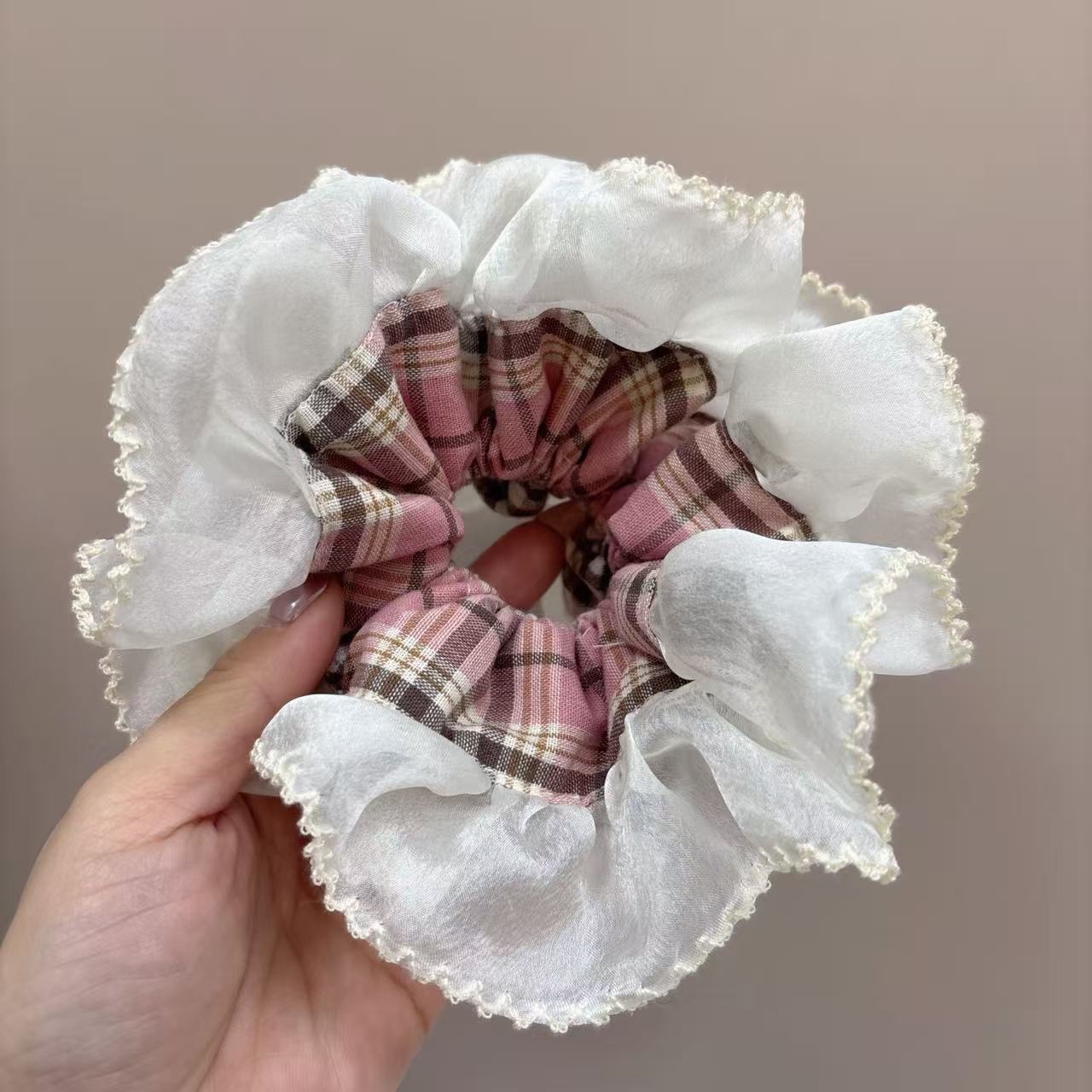 Women's Comfortable Cloth Hair Tie For Daily Wear Pink Plaid Lace