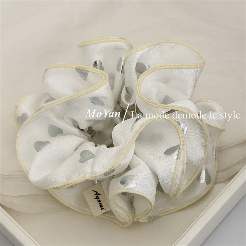 Women's Daily Soft Cloth Hair Tie Scrunchie Silver Heart Polka Dots