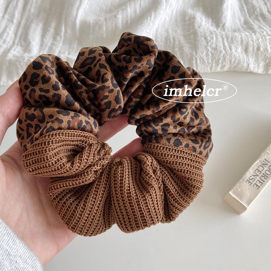 Women's Winter Velvet Hair Bun Tie Coffee Brown Leopard Print