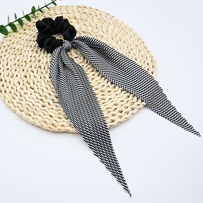 Women's French Style Satin Bowknot Hair Tie For Spring Striped Black
