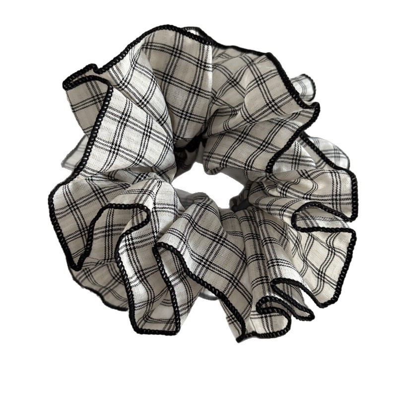 Women's Large 4-Layer Fabric Hair Tie For Daily Wear Plaid Khaki Beige Black