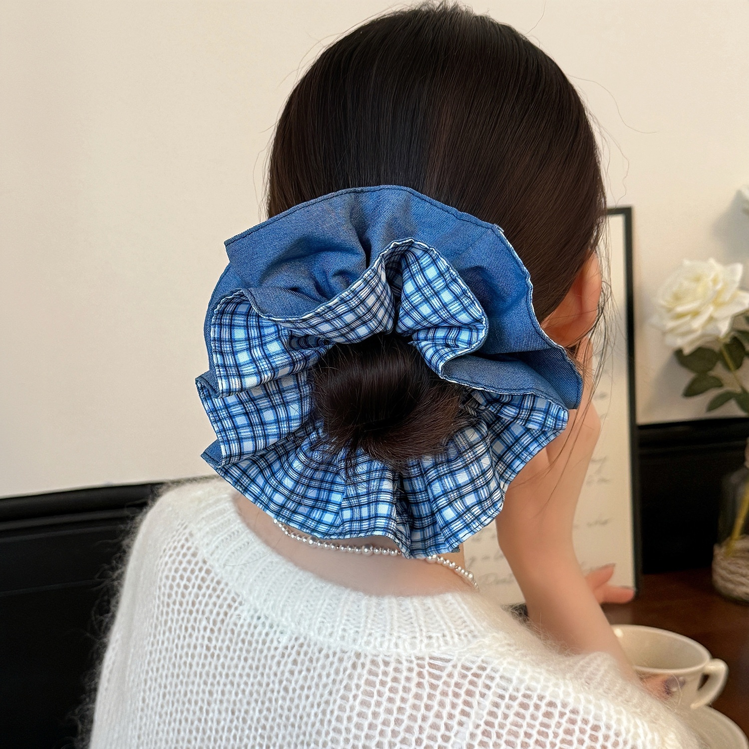 Women's Elegant Cloth Hair Scrunchie Double Layer Blue Plaid Lace