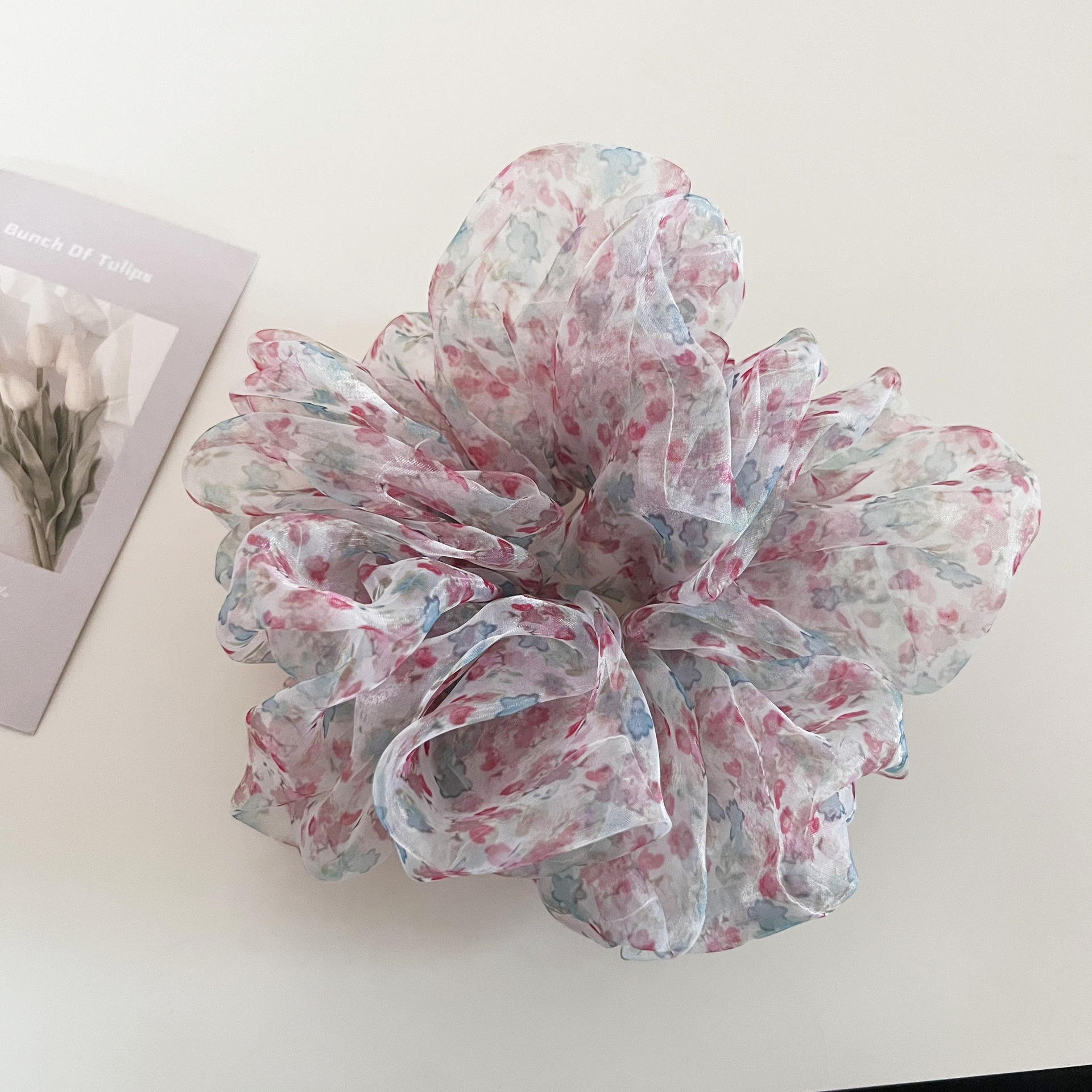 Women's Vintage Organza Bun Hair Tie Ditsy Floral Pink Peach Green