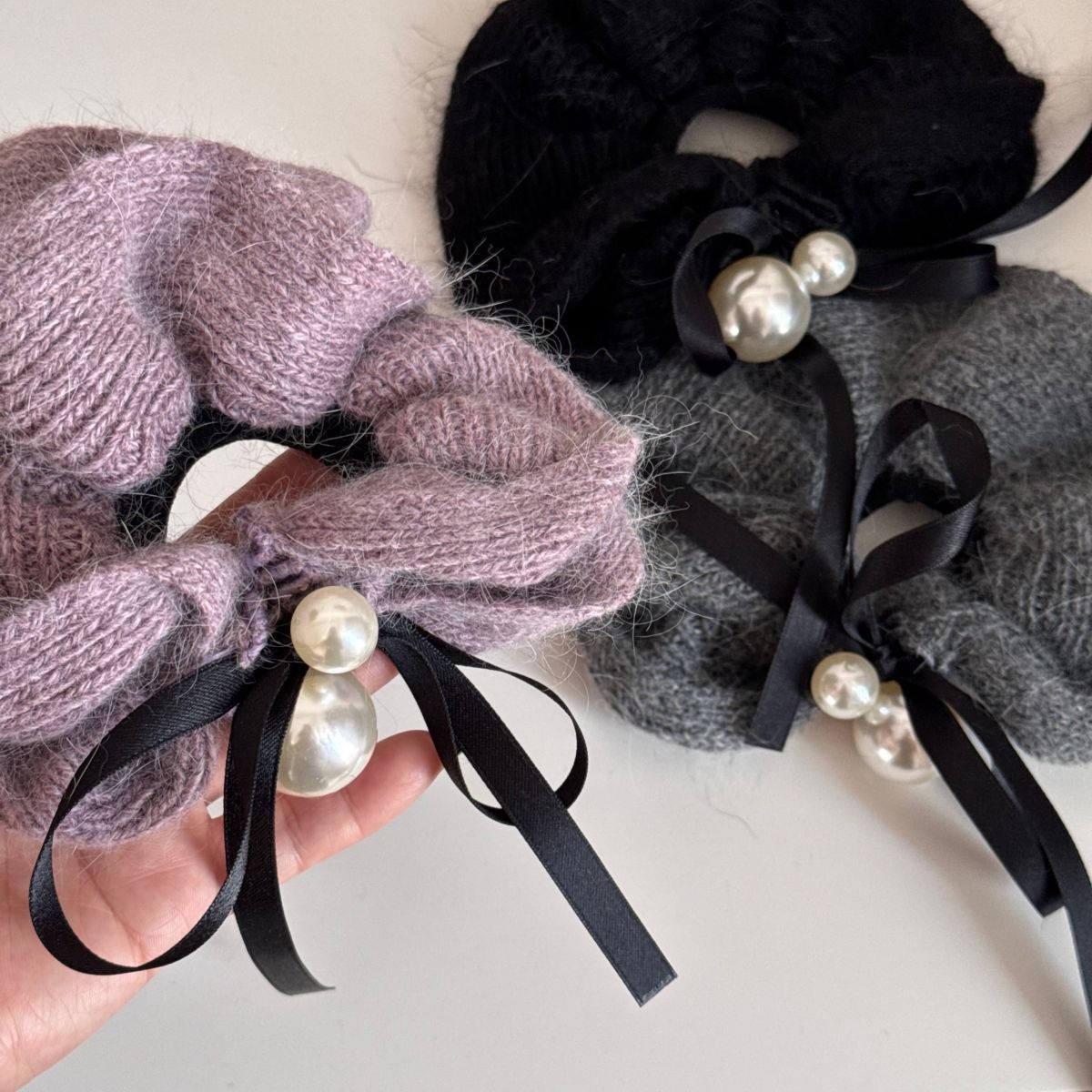 Women's High-end Pearl Knitted Wool Hairband Winter Ribbon Bow Bun Tie