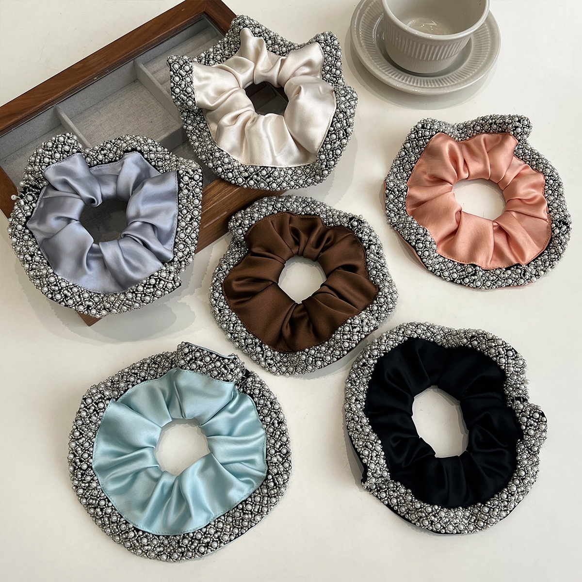 Women's Elegant Pearl Crystal Satin Hair Ties French Vintage Black Brown Scrunchie