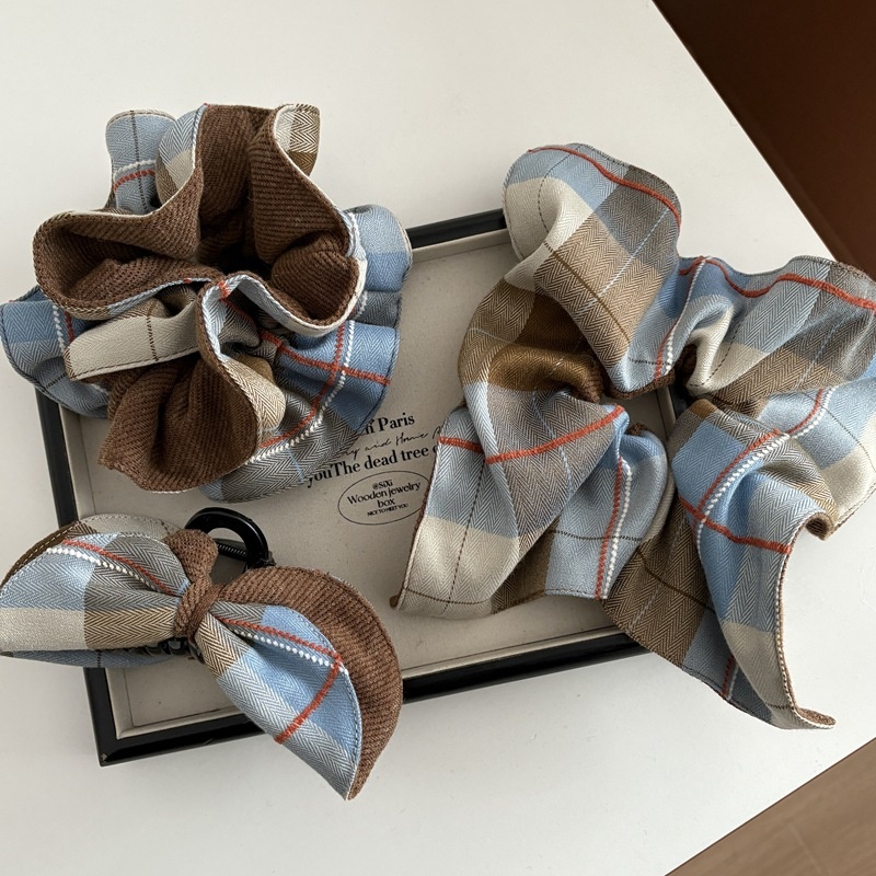 Women's Lazy Cloth Bow Scarf Scrunchie Hair Tie Light Blue Plaid