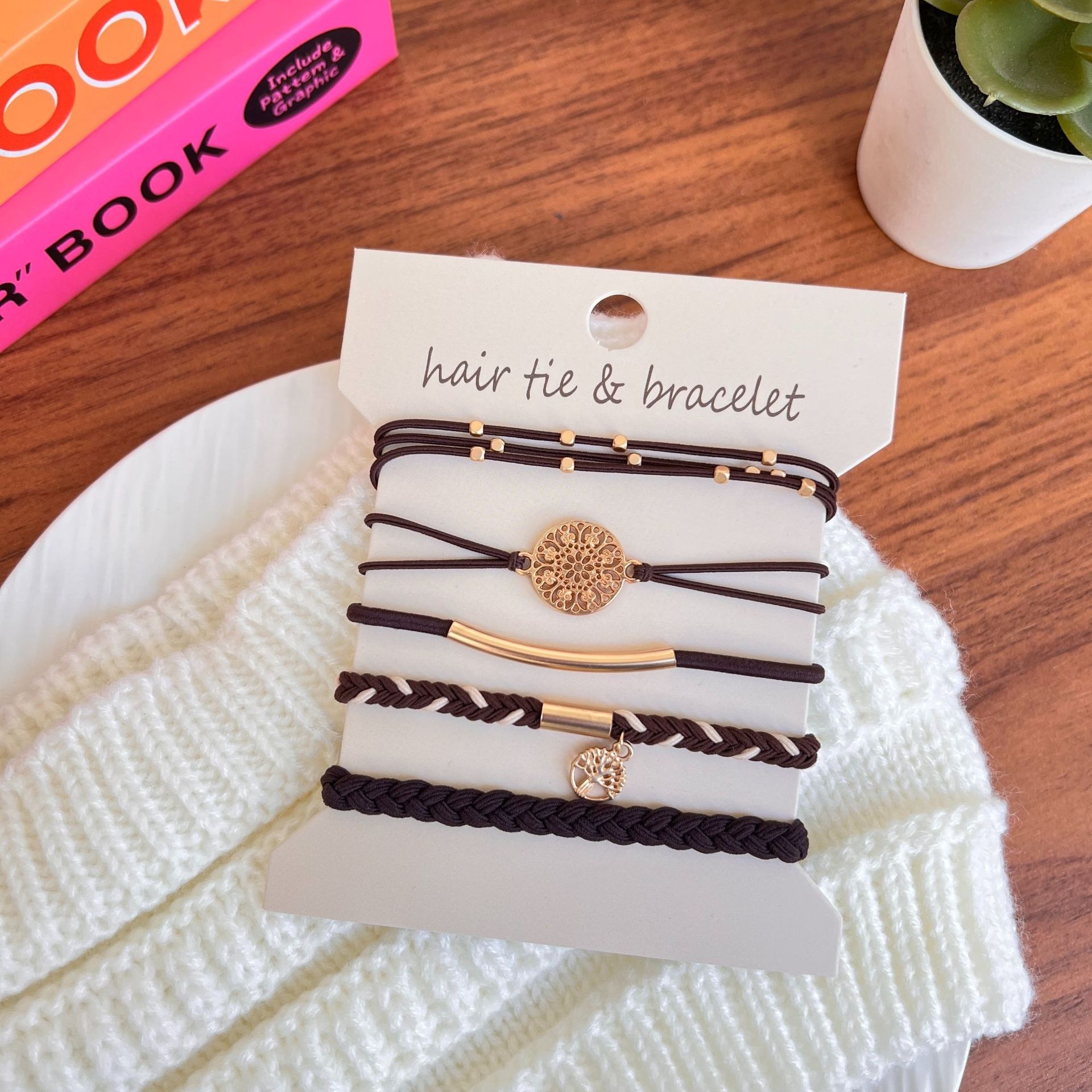 Women's 5Pcs Brown Metal Tree of Life Elastic Hair Tie Bracelet Set