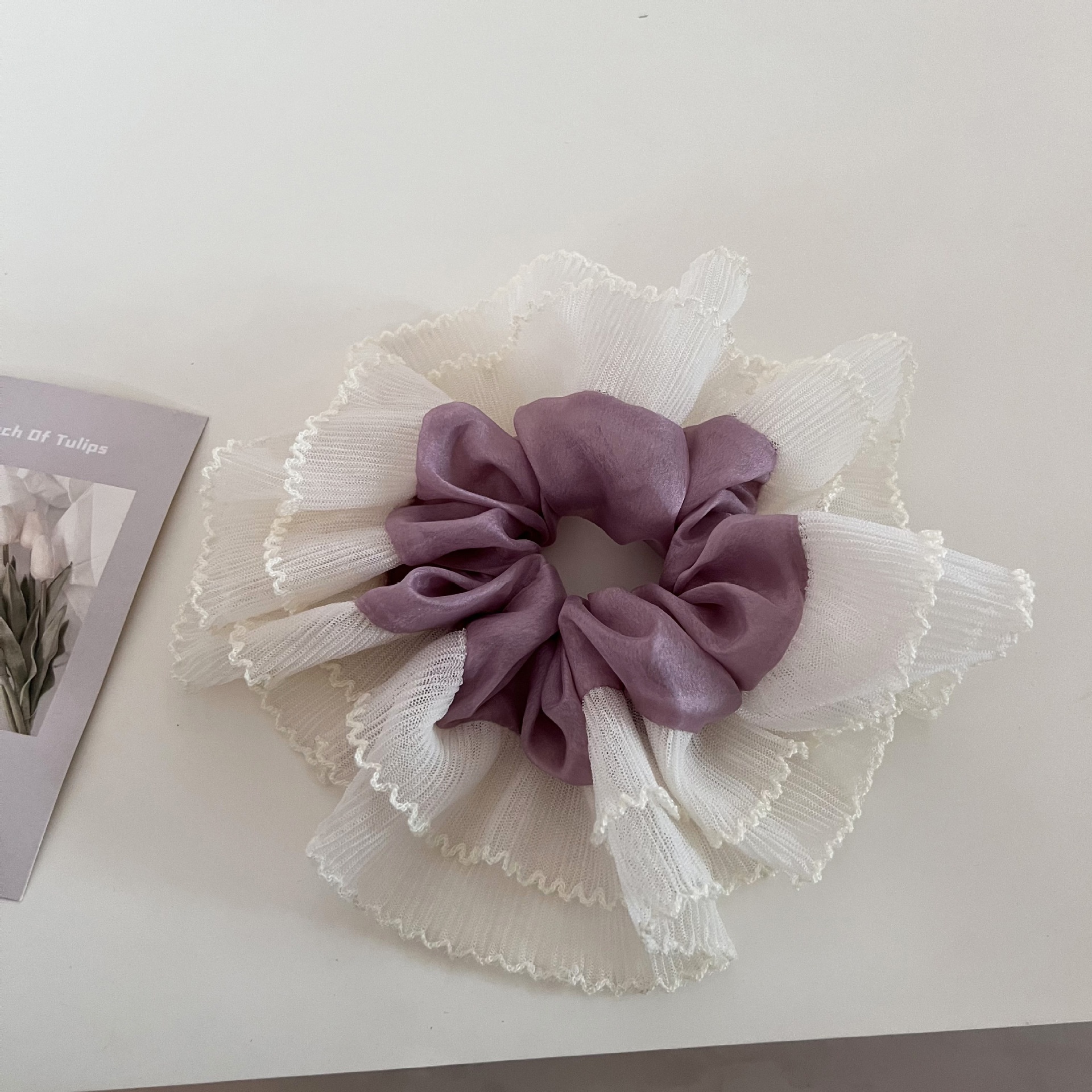 Women's French Soft Gauze Ruffled Hair Tie Ball Head Solid Color