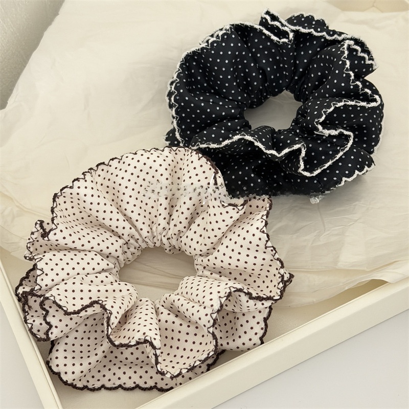 Women's Spring Cloth Hair Tie Scrunchie White Polka Dots Heart Pattern