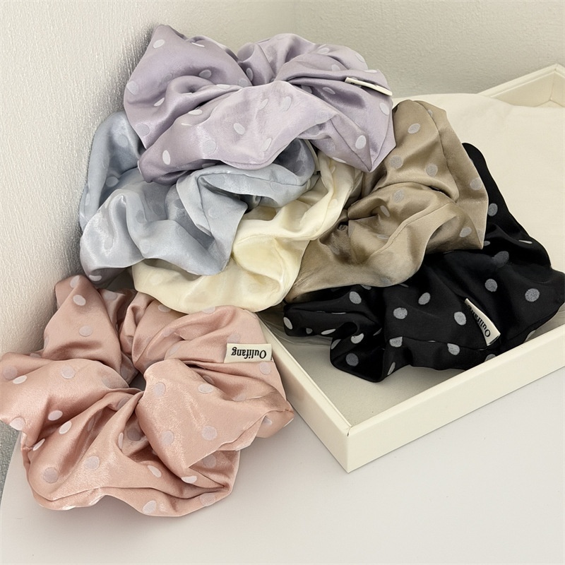 Women's Spring Flocking Satin Hair Tie Scrunchie Black Polka Dots