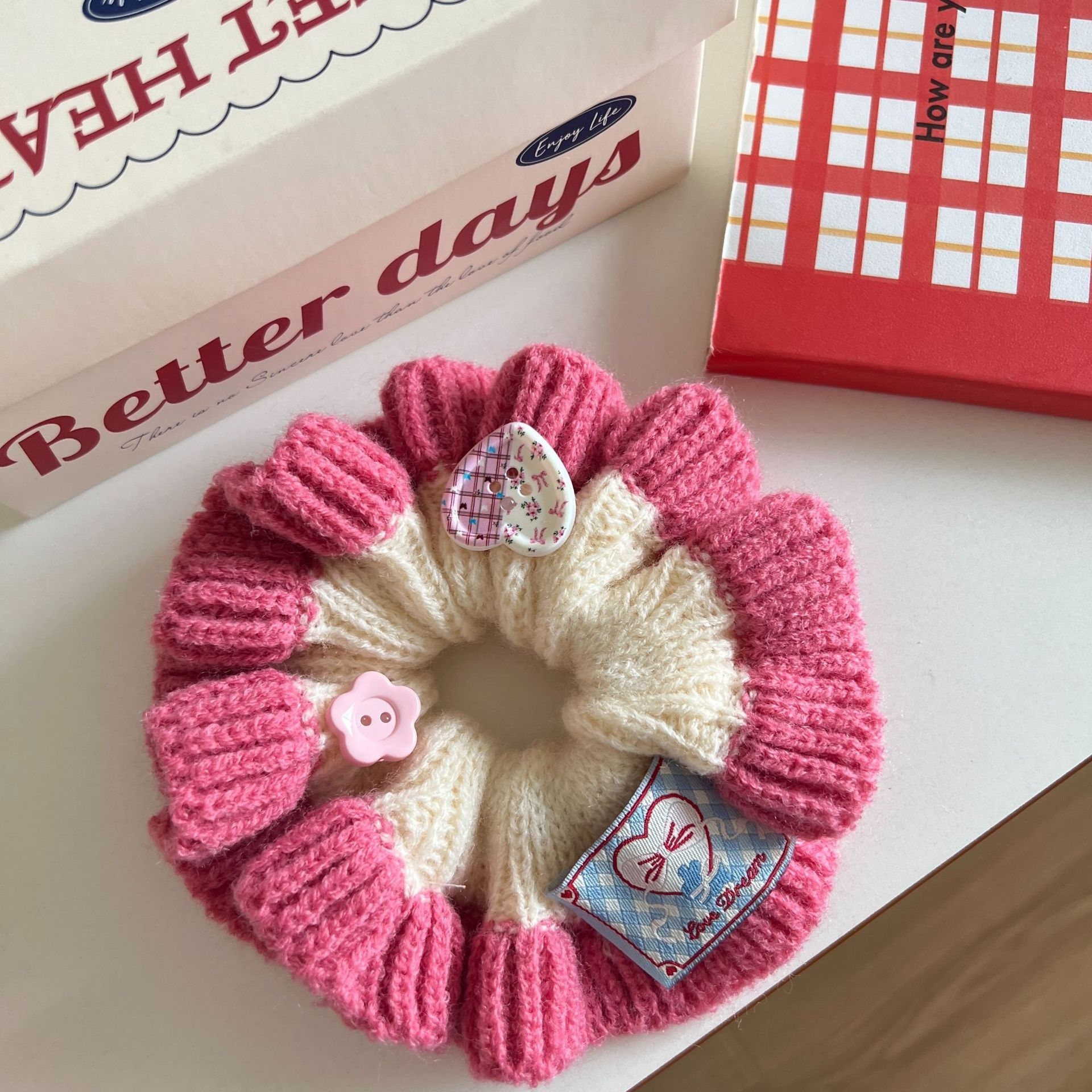 Women's Sweet Knitted Elastic Bun Hair Tie For Autumn Winter Color Block