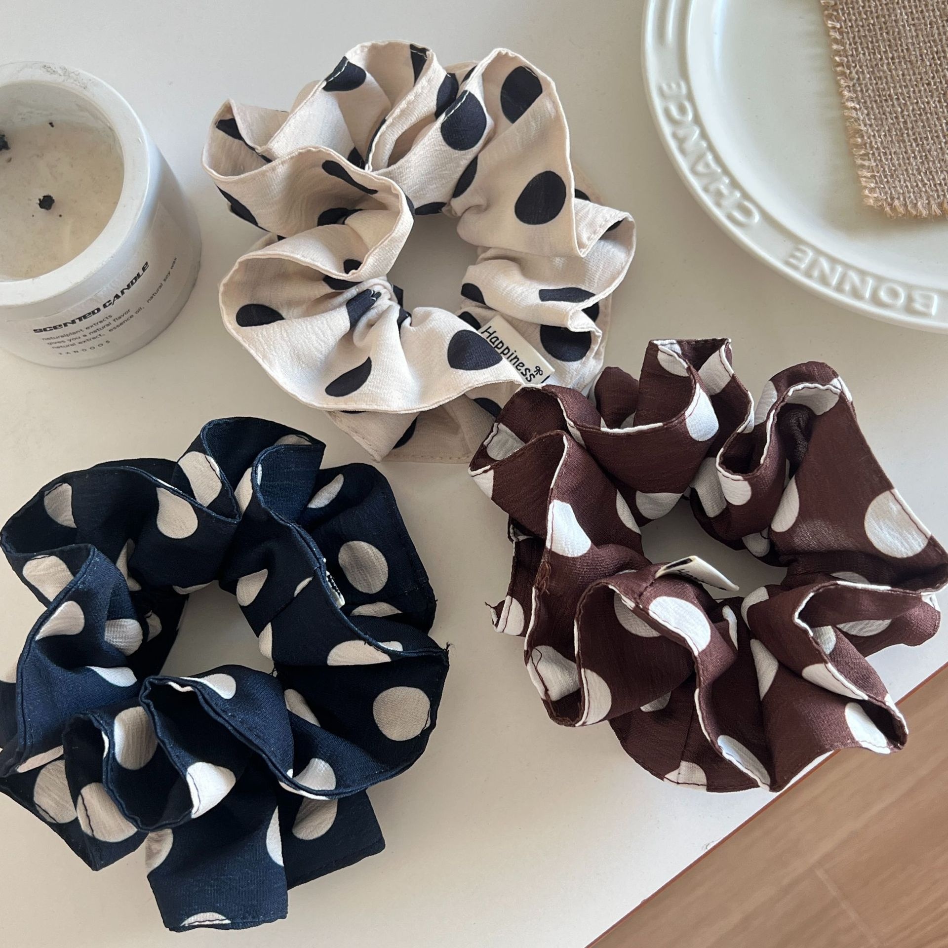 Women's Elegant Cloth Ruffle Hair Tie Scrunchies Sweet Polka Dots