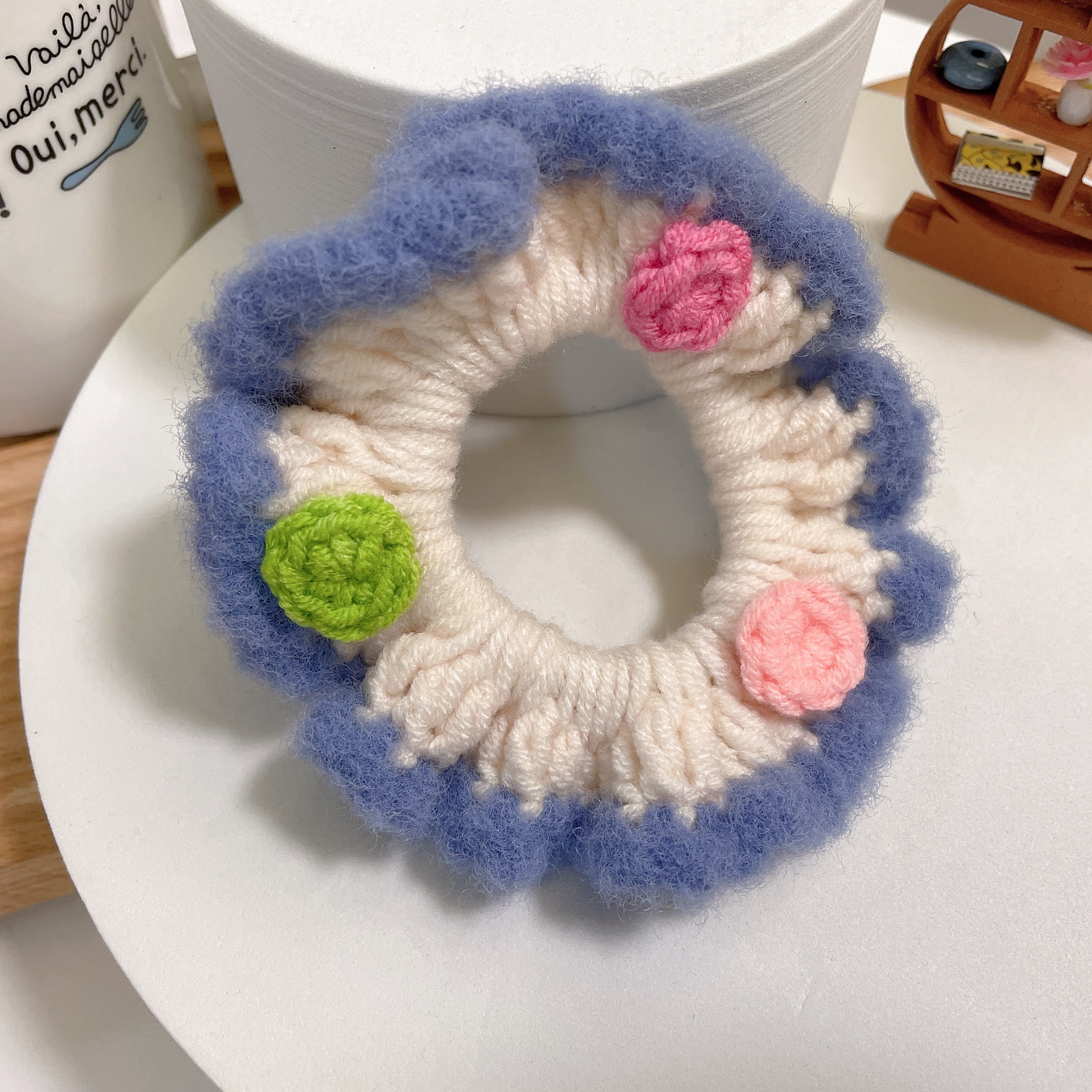 Girls Winter Hand Knitted Flannel Scrunchie Hair Tie Solid Color