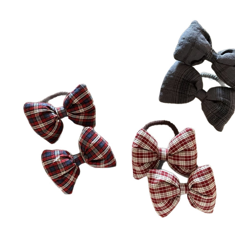 Women's High Elastic Plaid Butterfly Knot Hair Ties Cotton Filled 2-Pack