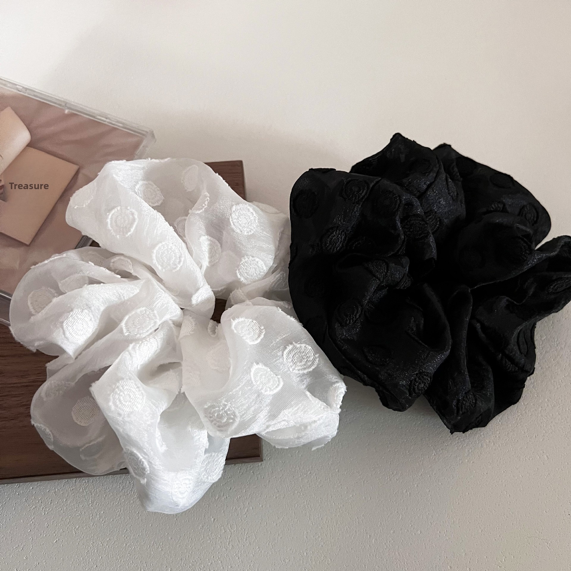 Women Summer Gauze Low Tail Hair Tie White Black Embroidered Polka Dot