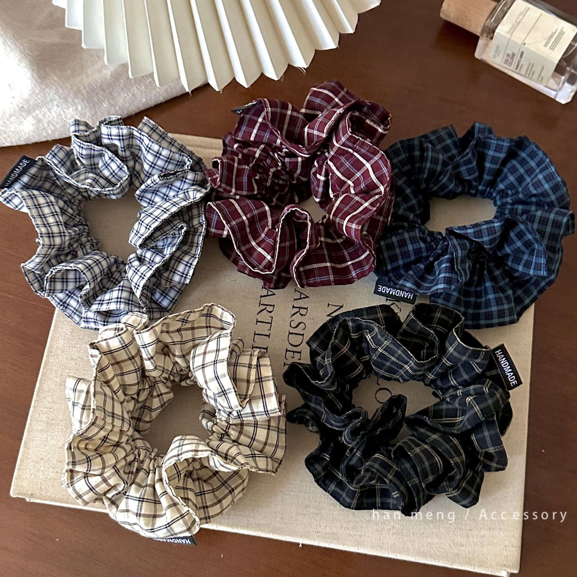 Women's Autumn Fabric Low Bun Ponytail Hair Tie British Plaid
