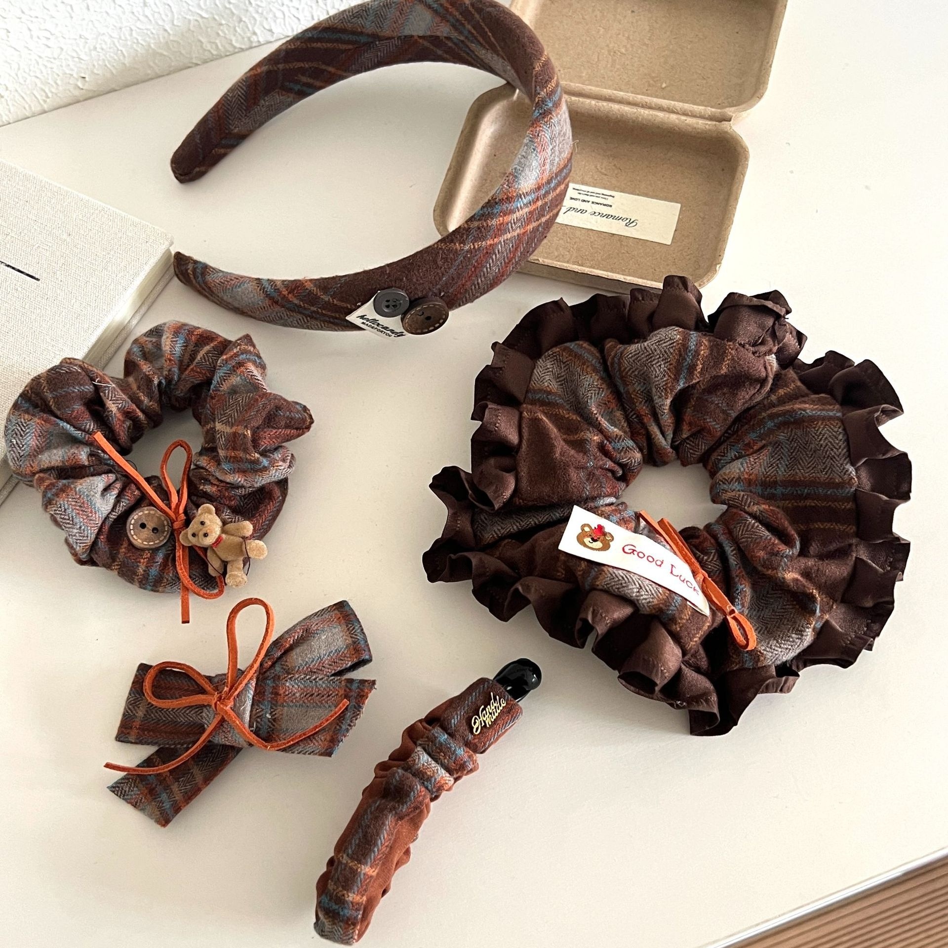 Girls Preppy College Style Cloth Hair Tie Scrunchie Coffee Plaid