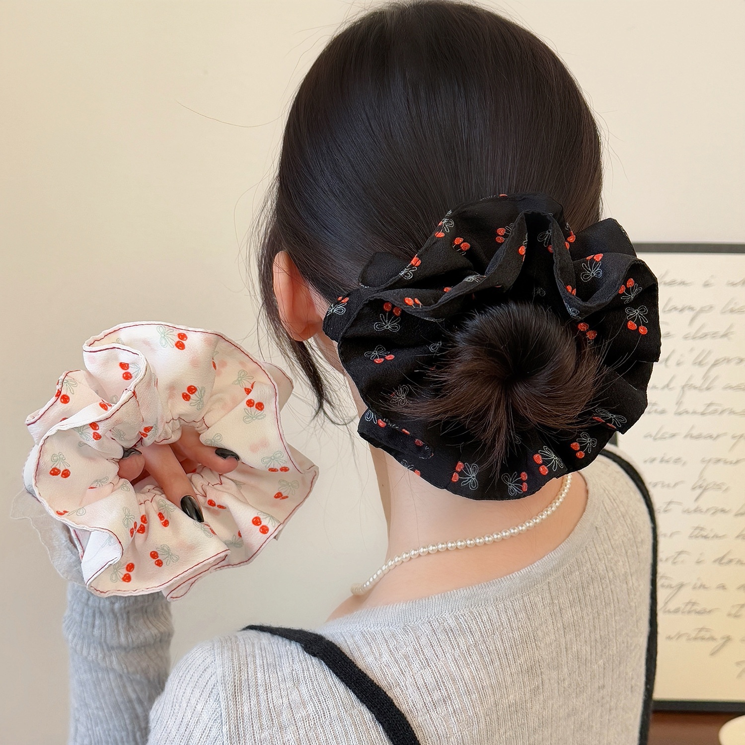 Women's Cherry Print Double Layer Elastic Hairband No Damage Cloth Tie
