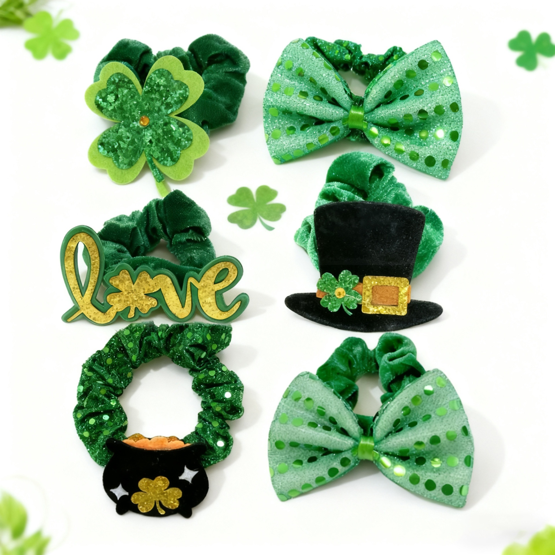 Women's St. Patrick's Day Velvet Hair Tie Green Clover Sequin Bow Knot