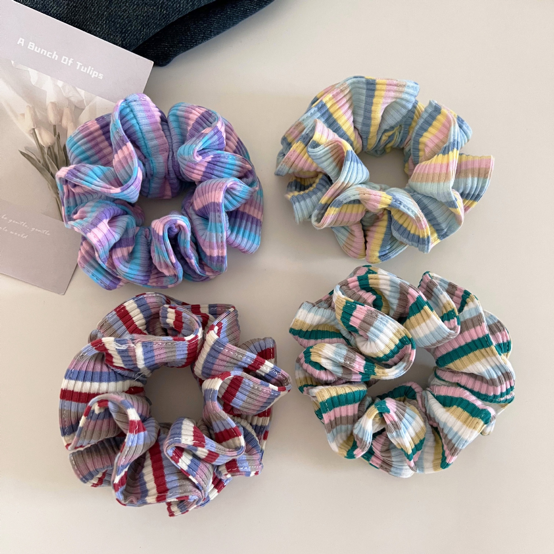 Women Dopamine Cloth Elastic Hair Tie For Buns Colorful Stripe