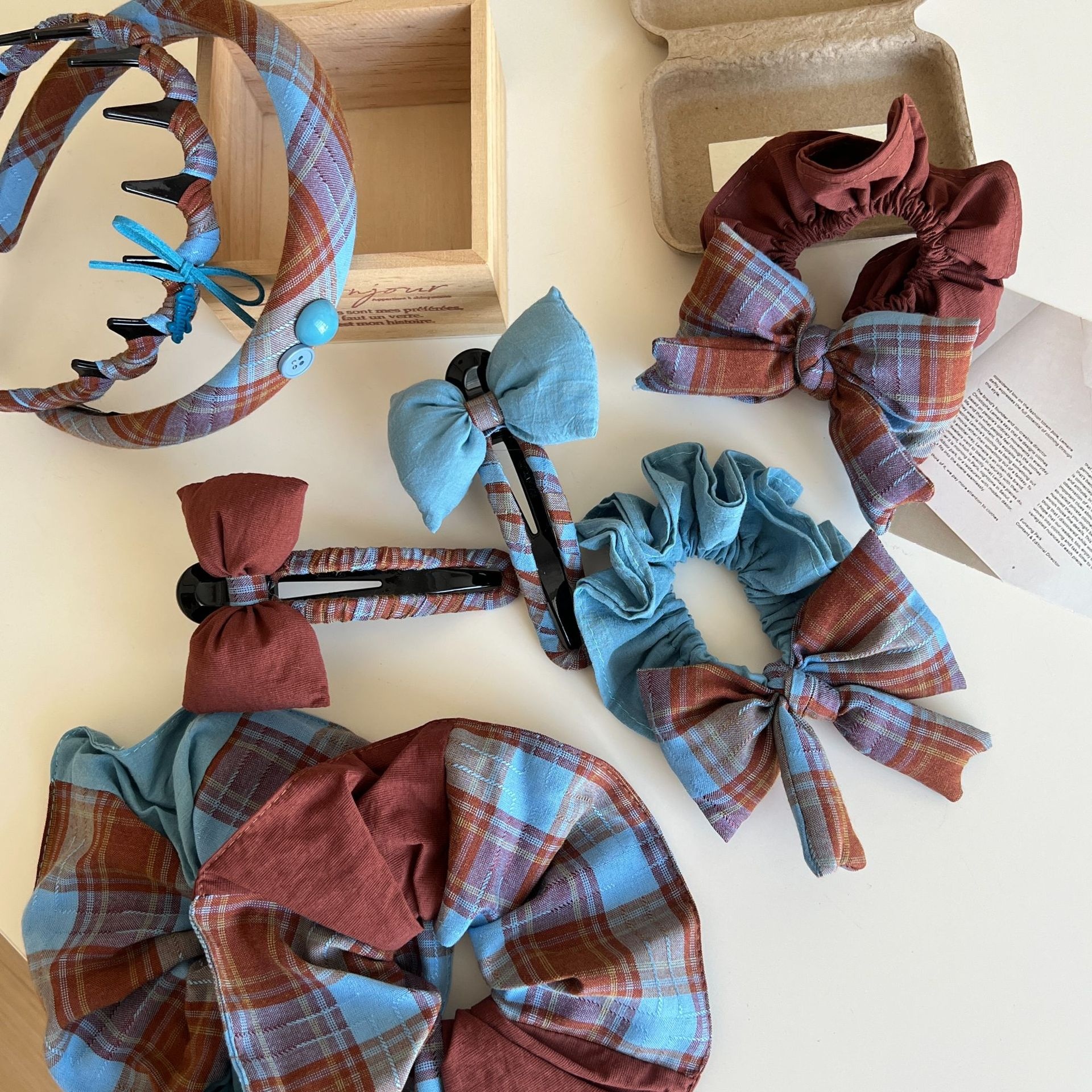 Women Girls Cloth Scarf Ponytail Hair Tie Blue Red Plaid Lattice